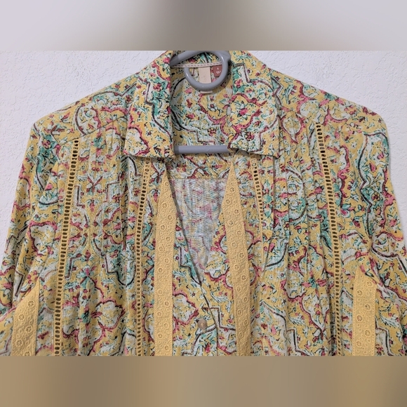 Anthropologie Yellow Printed Embroidered Puff Sleeve V-Neck Button-Up Blouse - Picture 7 of 12